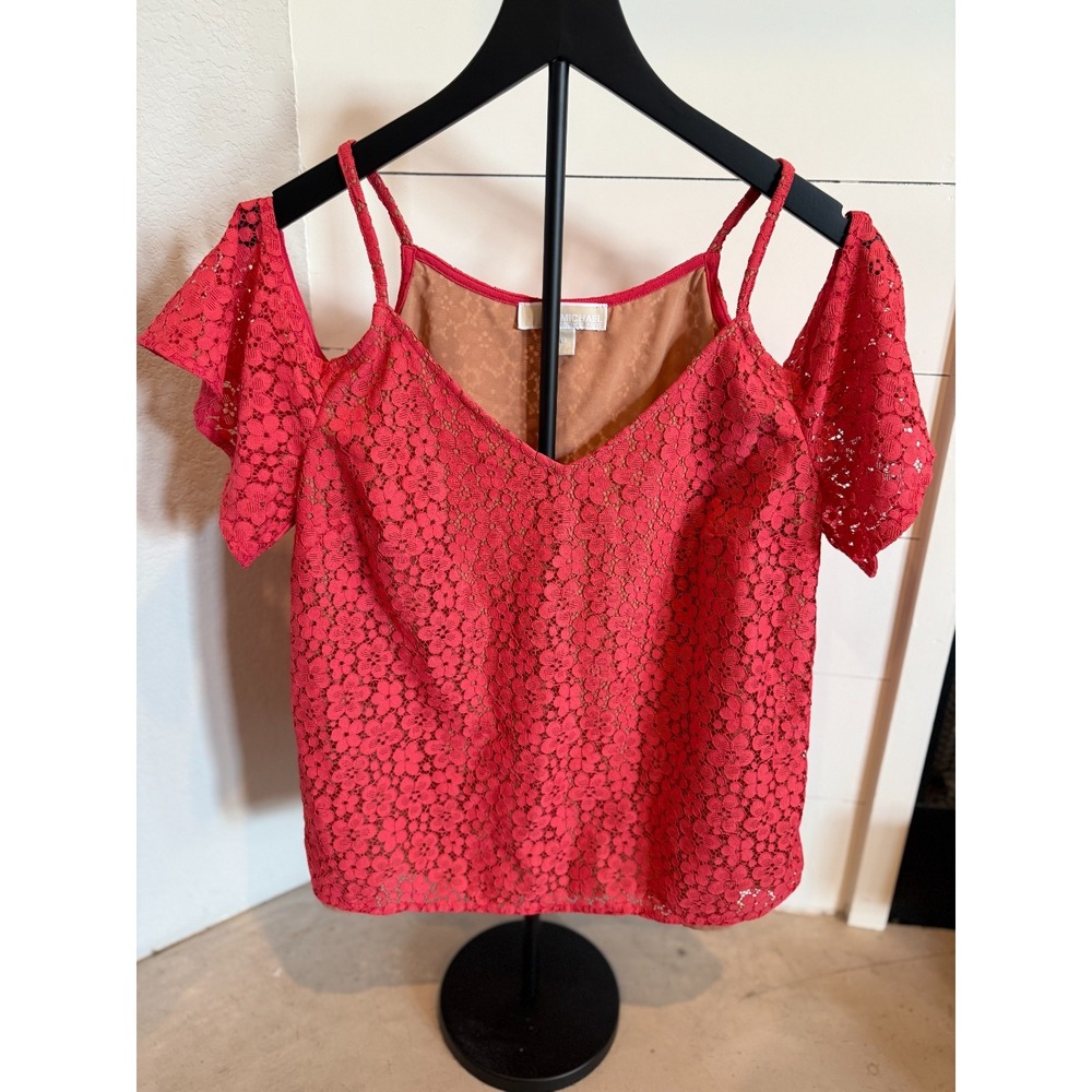 Michael‎ Kors Red Cold Shoulder Lace Floral Top Size Small